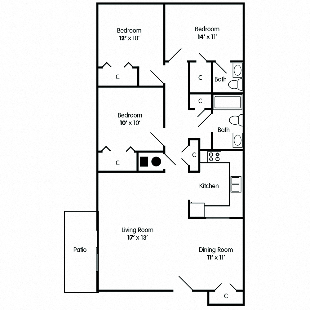 Floor plan for 3 beds, 1.5 baths, 1073 sqft